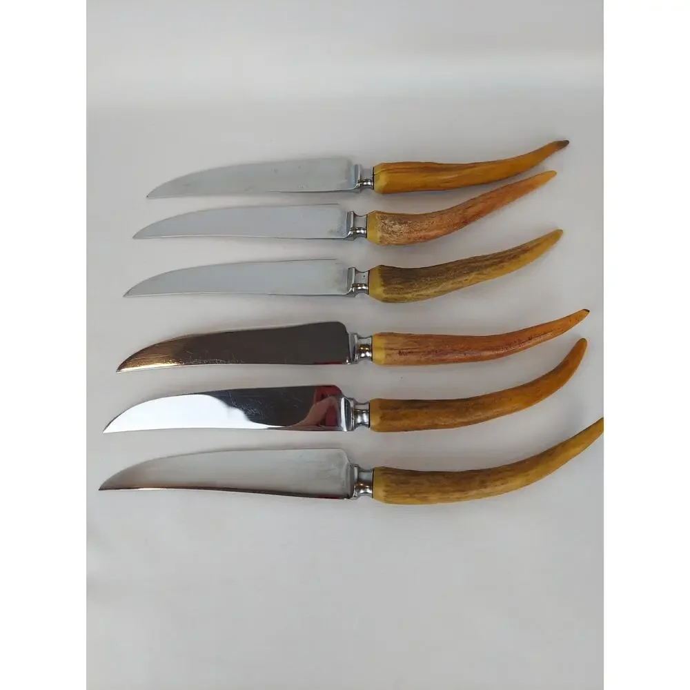 Henry Rogers Sons & Co Stainless Stag Antler Handles Vintage Steak Knife Set